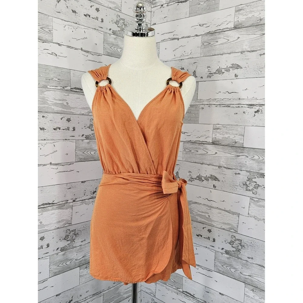 Zara Orange Sleeveless Romper Wrap Front Tie V Neck Womens Xsmall
